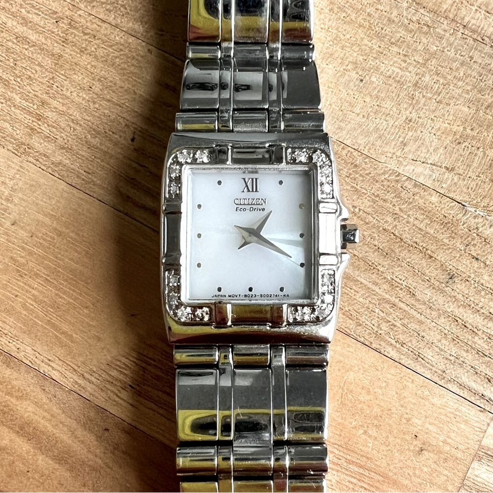 Citizen eco-drive ladies square dial silver tone diamond dress watch